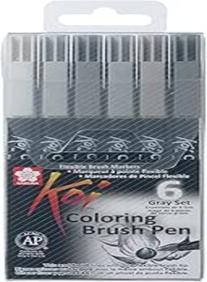 Sakura Koi XBR-6 Colouring Brush Pen Set 6 Grey Pens