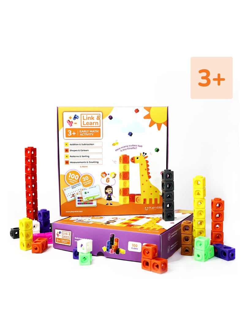 PlayVerse Toys PlayVerse Link & Learn Early Math Cubes, Number Blocks for Kids, 100 Multicolour Cubes, 30 Math Activities, Ages 3+ Boys/Girls, Math Activity Toy, Improves STEM & Fine Motor Skills - Image 1