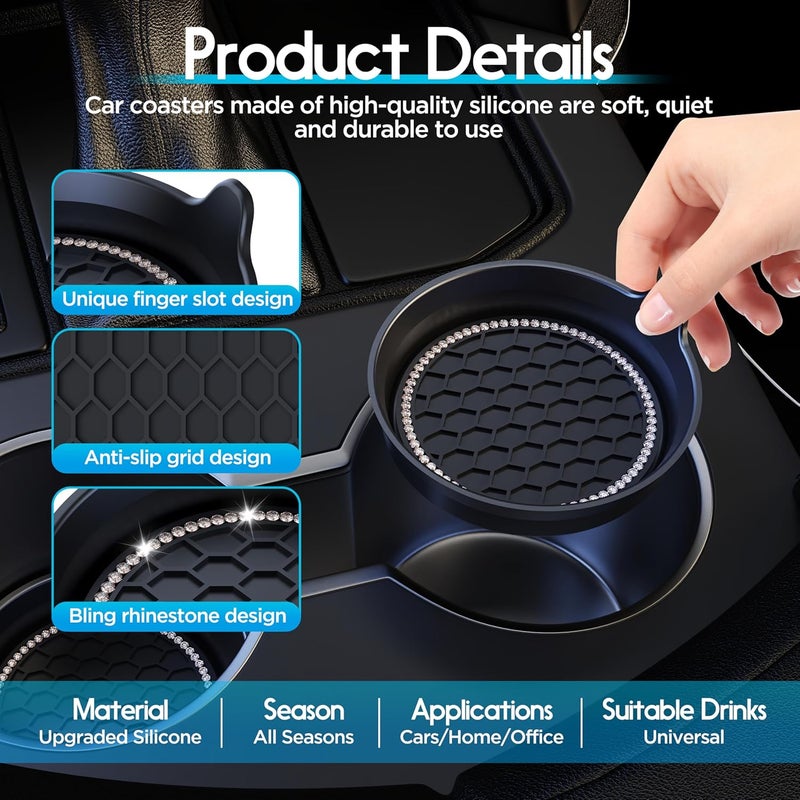 Amooca Car Cup Coaster Universal Non-Slip Cup Holders Bling Crystal Rhinestone 4 Pack - Black - Image 5