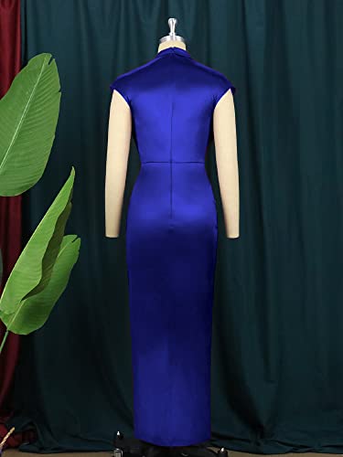 AOMEI Women's Sleeveless Pleated High Waist Ruched Slit Slim Elegant Long Satin Dress (Blue,1XL) - Image 5