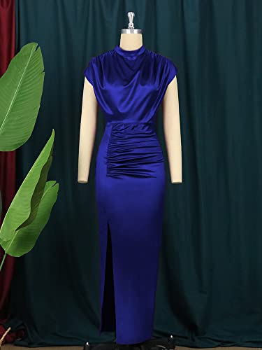 AOMEI Women's Sleeveless Pleated High Waist Ruched Slit Slim Elegant Long Satin Dress (Blue,1XL) - Image 3