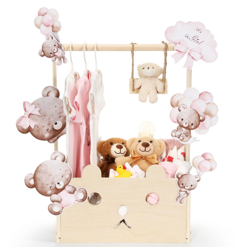 Cinnvoice Baby Shower Bear Gift Baskets with Hanger Rack Wooden Crate Closet Bear Cards Decoration Crate for Baby Boys Girls Pregnancy New Parent GiftsPinkIts A Girl - Image 2