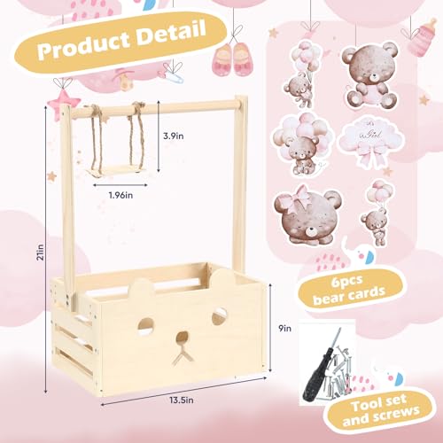 Cinnvoice Baby Shower Bear Gift Baskets with Hanger Rack Wooden Crate Closet Bear Cards Decoration Crate for Baby Boys Girls Pregnancy New Parent GiftsPinkIts A Girl - Image 3