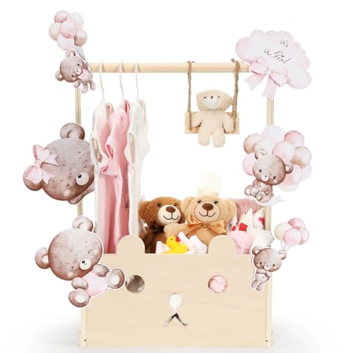Cinnvoice Baby Shower Bear Gift Baskets with Hanger Rack Wooden Crate Closet Bear Cards Decoration Crate for Baby Boys Girls Pregnancy New Parent GiftsPinkIts A Girl - Image 1