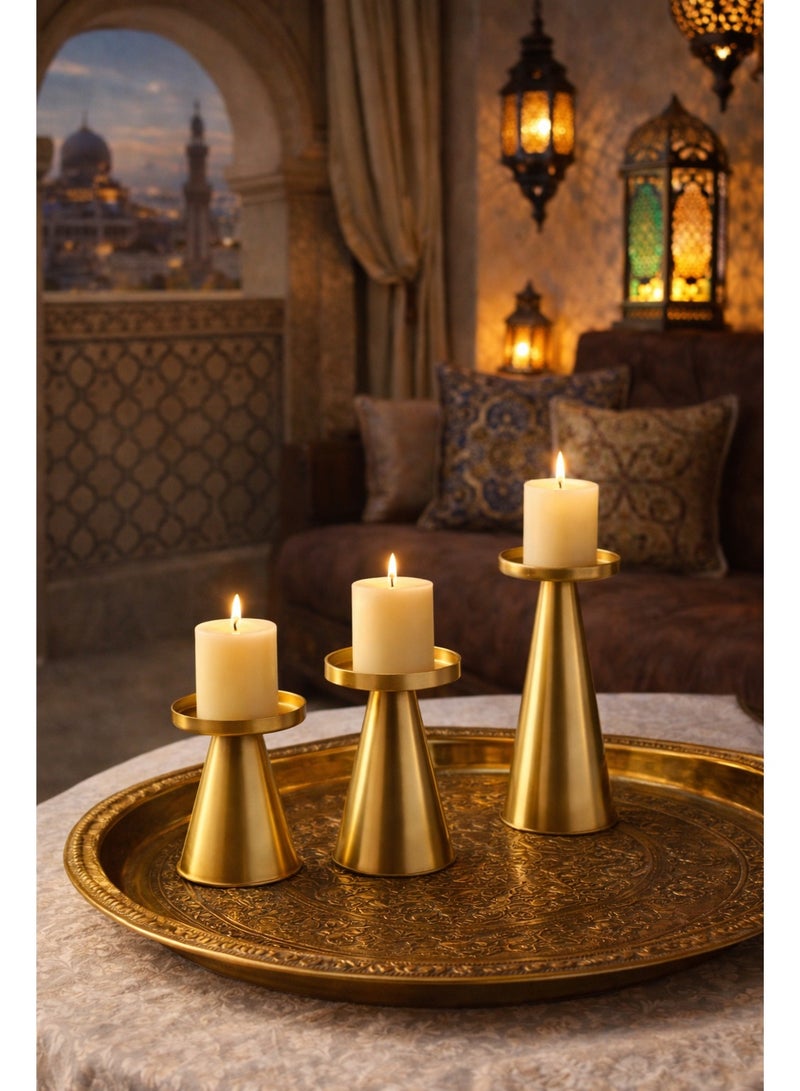 دائرة مربعة طقم حامل شموع مطلي بالنحاس 3 قطع – ديكور منزلي أنيق للمناسبات، طاولة رمضان، هدية عيد الأم، للحفلات وتزيين طاولة الطعام، مناسب للمنازل والمطاعم الراقية - Image 1
