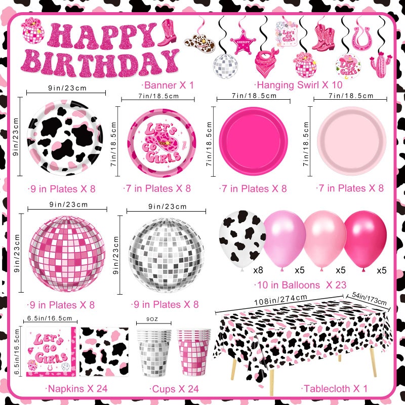 LINHAXM 131 PCS Cowgirl Birthday Party Decorations Disco Cowgirl Party Decorations - Includes Plates, Napkins, Cups, Banner, Hanging Swirl, Tablecloth, Balloon for Western Cowgirl Party Decorations, Serve 24 - Image 2