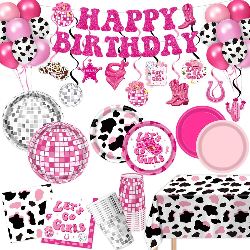 LINHAXM 131 PCS Cowgirl Birthday Party Decorations Disco Cowgirl Party Decorations - Includes Plates, Napkins, Cups, Banner, Hanging Swirl, Tablecloth, Balloon for Western Cowgirl Party Decorations, Serve 24 - Image 1
