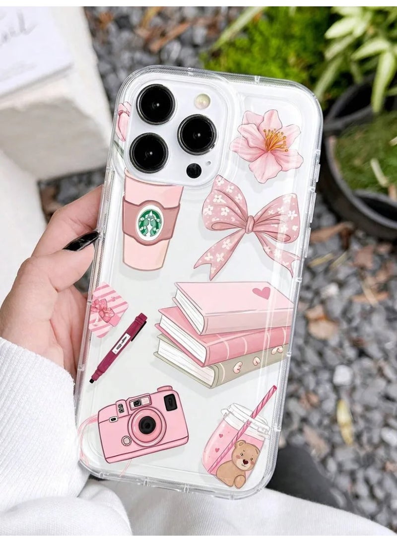 Shein Soft shockproof, scratch-resistant and drop-resistant phone case made of transparent and airy materials, decorated with pink graphics and patterns such as book, pen, cup, camera, bow, flower, compatible with iPhone 13 Pro - Image 1