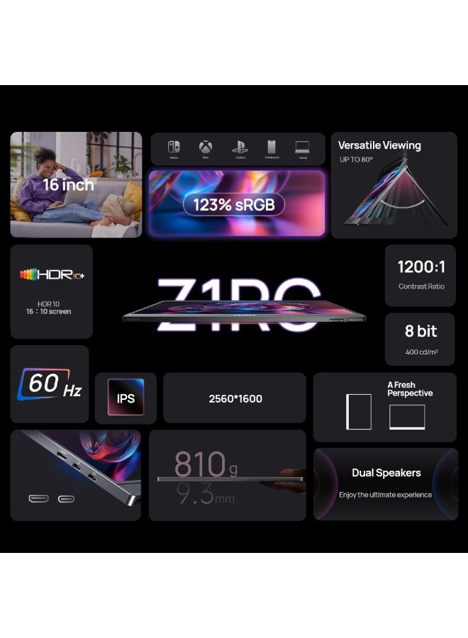 ARZOPA 16.0 Inch Portable Monitor Z1RC, 2K QHD 2560x1600 IPS 60Hz Display with 123% sRGB, Built-in Stand, Eye Care, USB-C & HDMI External Second Screen for MacBook, Laptop, Phone, Xbox, PS4/PS5, Nintendo Switch - Image 2