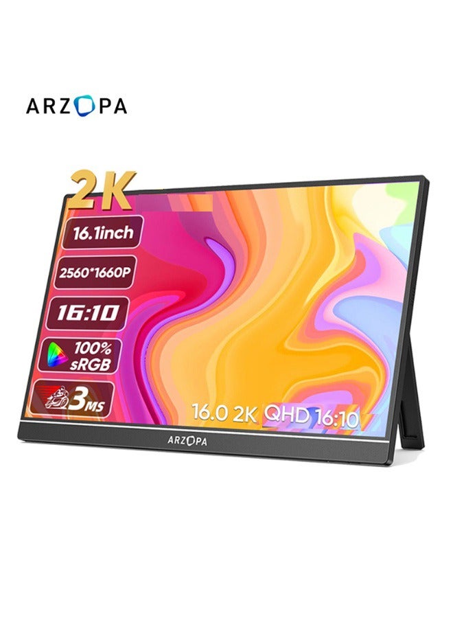 ARZOPA 16.0 Inch Portable Monitor Z1RC, 2K QHD 2560x1600 IPS 60Hz Display with 123% sRGB, Built-in Stand, Eye Care, USB-C & HDMI External Second Screen for MacBook, Laptop, Phone, Xbox, PS4/PS5, Nintendo Switch - Image 1