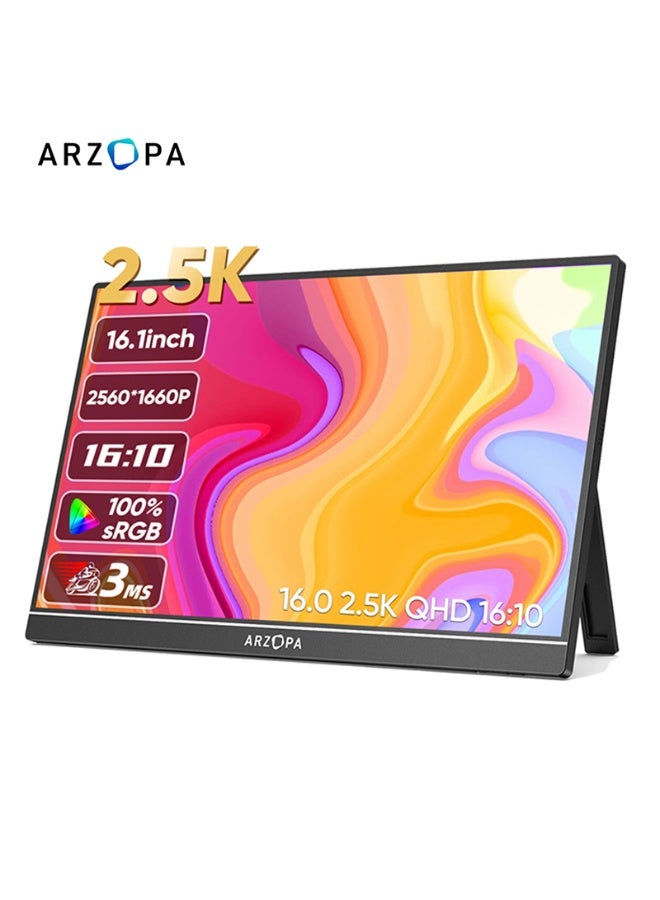 ARZOPA شاشة محمولة 16.0 بوصة Z1RC، دقة 2K QHD 2560x1600 IPS بتردد 60Hz مع 123% sRGB، قاعدة مدمجة، رعاية للعين، شاشة خارجية ثانية عبر USB-C و HDMI لجهاز MacBook، اللابتوب، الهاتف، Xbox، PS4/PS5، نينتندو سويتش - Image 1