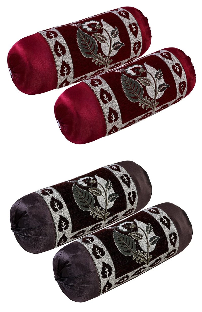 HSR Collection Premium Chennile Luxury Bolster Cover, Maroon & Coffee - 4 Pieces - Image 1