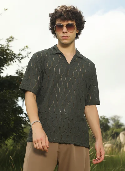 Campus Sutra Men's Juniper Green Honeycomb-Knit Polo T-Shirt