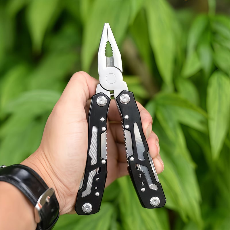 1 Set Multi Functional Folding Tool Pliers Portable EDC Tool Kit Black with Serrated Blades Bottle Opener Screwdriver and Tail Lock Pliers Durable Metal Construction Ideal for Men Suitable for Camping and Outdoor Use - Image 3