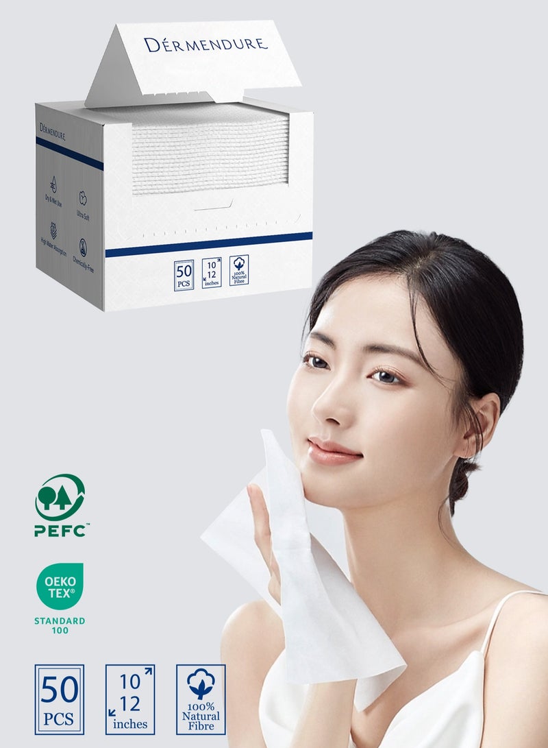 ديرمندور مناشف وجه للاستخدام مرة واحدة، حجم كبير جدًا، ألياف طبيعية 100%، فائقة النعومة، فائقة الامتصاص، للبشرة الحساسة والمعرضة لحب الشباب، قابلة للتحلل الحيوي بنسبة 100%، 50 قطعة - Image 1