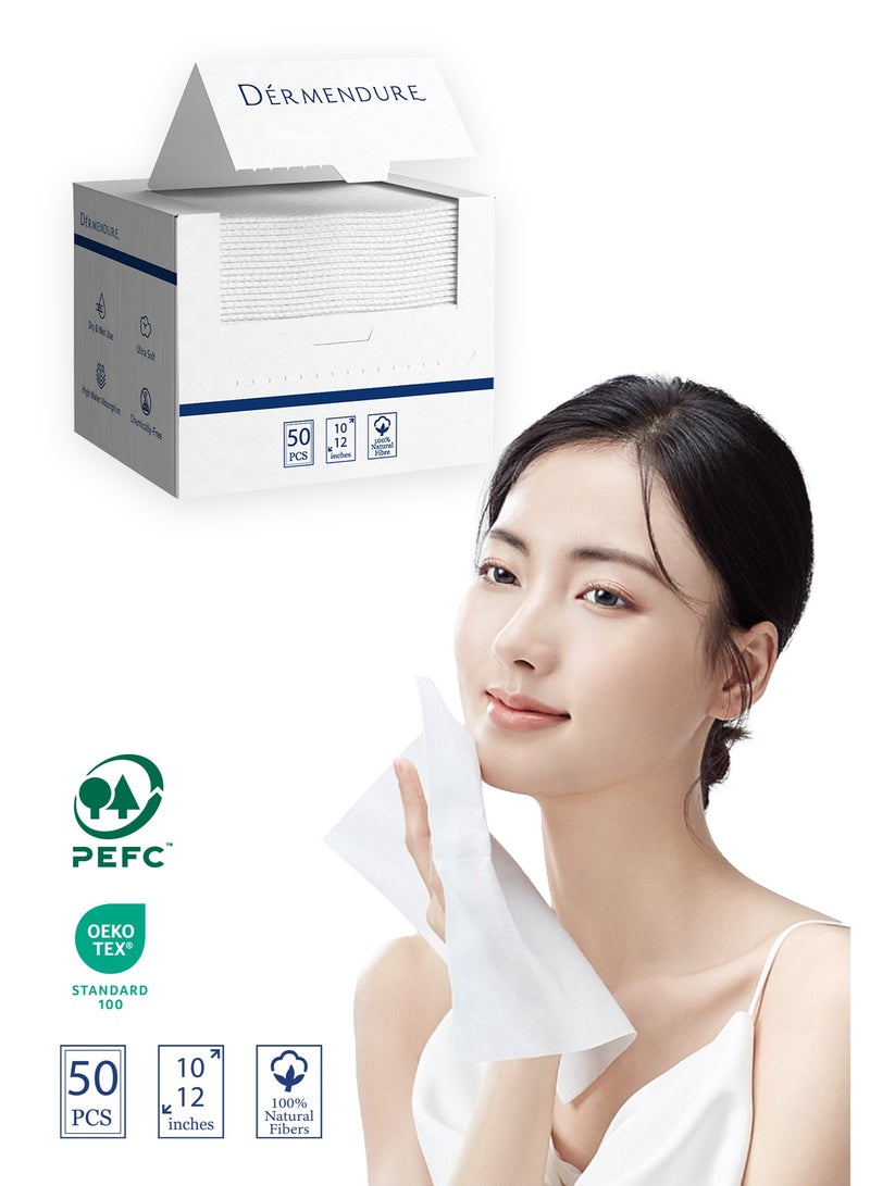 Dermendure Disposable Face Towels, Extra Large Size, 100% Natural Fibers, Super-Soft, Extra Absorbent, for Sensitive & Acne-Prone Skin, 100% Biodegradable, 50 PCS - Image 1