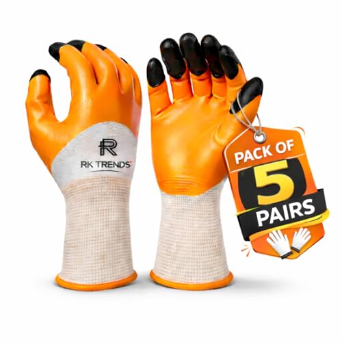 RK TRENDS Nylon Heavy Duty Coated Work Gloves For Industrial | Gardening | Agricultural |Cleaning. (Pack of 5 Pairs, Orange (Double Coated)) - Image 1
