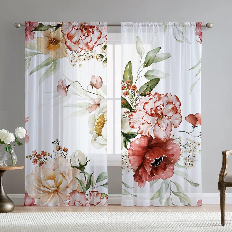Fereyis Floral Sheer Curtains for Living Room 84 inch Length 2 Panels Set Elegant Red Pink Flower Printed Window Curtain Chiffon Drapes for Bedroom - Image 1