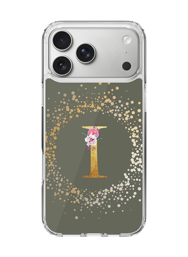 Stylizedd Classic Clear MagSafe Case for iPhone 17 Pro Max , Hybrid Soft Case Flexible Edges Anti Drop TPU PC Gel Thin Transparent Cover [ Designed for iPhone 17 Pro Max ] - Custom Monogram Initial Letter Floral Pattern Alphabet - I  (Olive Green )