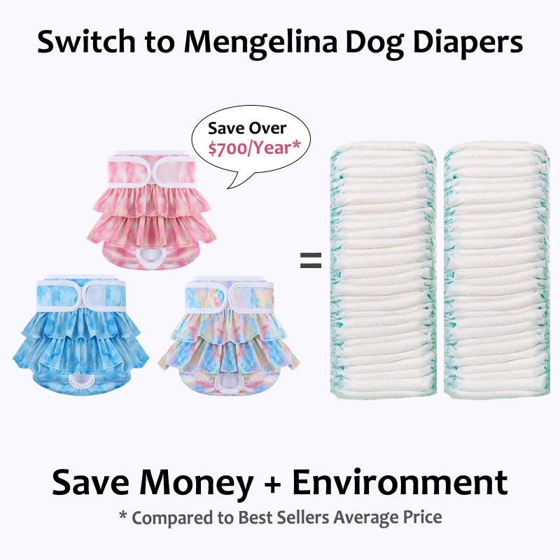 Mengelina Reusable Dog Diapers Female 3 Pack Doggie Diapers for Period Heat Incontinence Puppy Training (X-Small, Watercolor) - Image 3