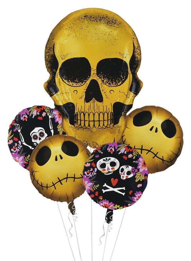 JAGMAG® Set of 5 Goldens Skull Skeleton Balloons, Halloween Skeleton Theme Foil Balloon, Decoration, Halloween Balloons,Happy Night Round Balloons, Skull balloons