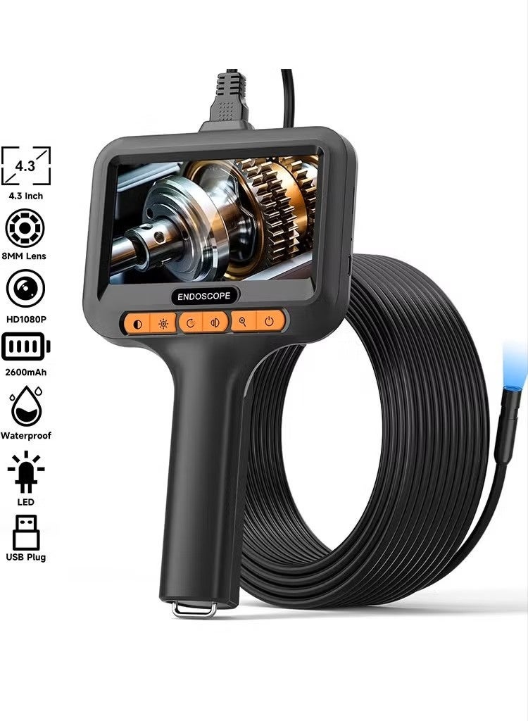 بلو فاير كاميرا فحص صناعية Endoscope Borescope بدقة HD 1080P مع شاشة IPS بحجم 4.3 بوصة – كاميرا ثعبانية مقاومة للماء IP68 بقطر 8 مم | 8 مصابيح LED قابلة للتعديل، كابل صلب مرن بطول 2م–100م | بطارية قابلة لإعادة الشحن 2600mAh | أداة فحص السيارات والأنابيب والصرف الصحي والجدران والآلات الصناعية - Image 1