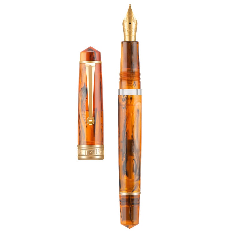 Asvine P20 Piston Fountain Pen Amber Resin, Iridium Medium Nib Gold Trim Smooth Writer Collection with Case Set - Image 1