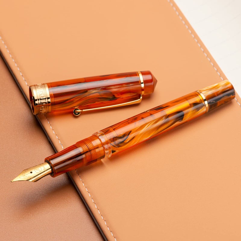 Asvine P20 Piston Fountain Pen Amber Resin, Iridium Medium Nib Gold Trim Smooth Writer Collection with Case Set - Image 5