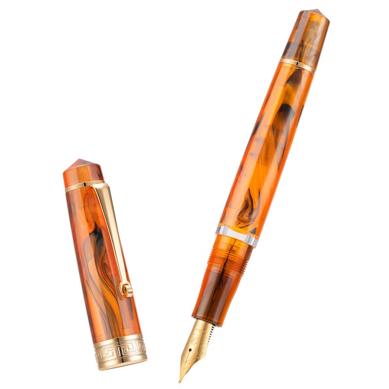 Asvine P20 Piston Fountain Pen Amber Resin, Iridium Medium Nib Gold Trim Smooth Writer Collection with Case Set - Image 3