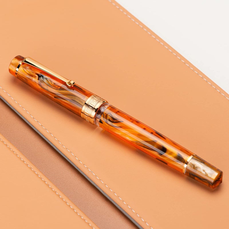 Asvine P20 Piston Fountain Pen Amber Resin, Iridium Medium Nib Gold Trim Smooth Writer Collection with Case Set - Image 4