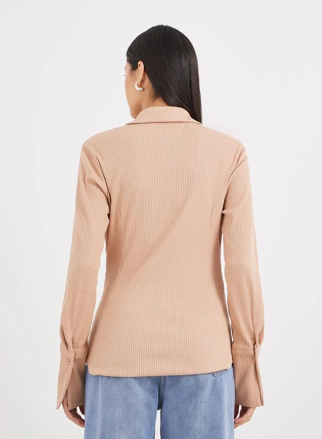 Styli Styli Women Beige Ribbed Fitted Longline Shirt