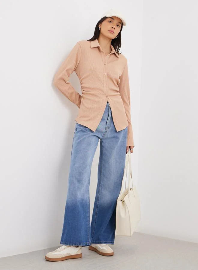ستايلي Styli Women Beige Ribbed Fitted Longline Shirt