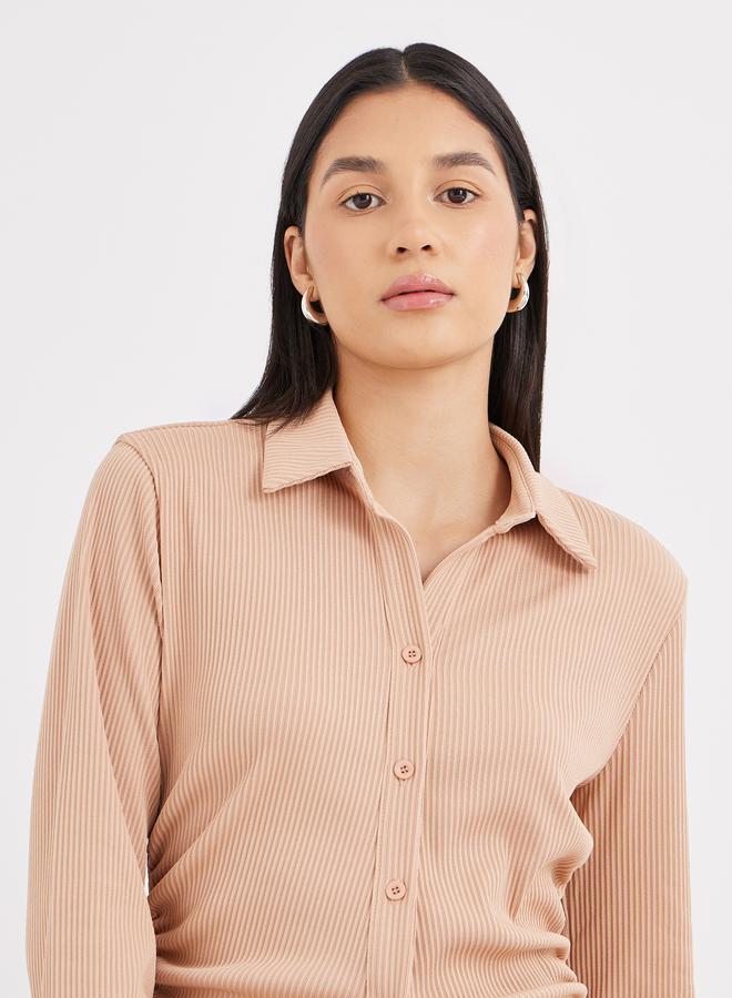 Styli Women Beige Ribbed Fitted Longline Shirt - Image 3