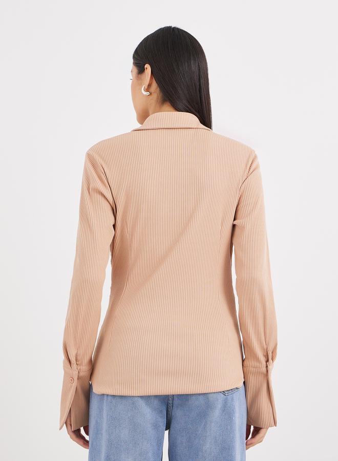 Styli Women Beige Ribbed Fitted Longline Shirt - Image 4