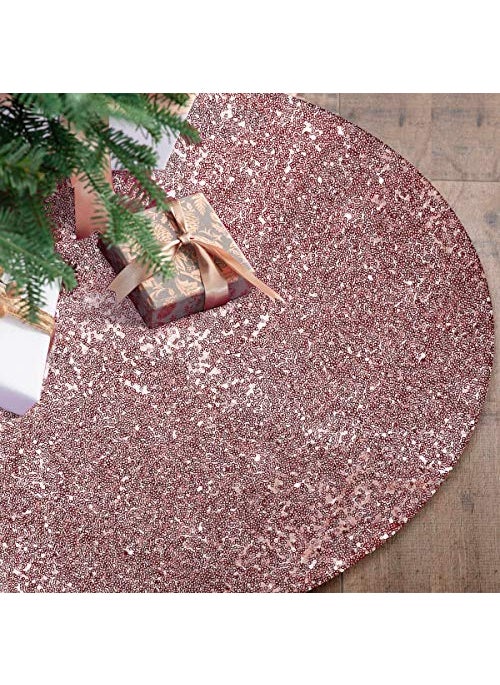 yuboo yuboo Pink Tree Skirt Mothers Day Decor 48 Inch Sequin Pink Christmas Tree Skirt Mat for Rose Gold Christmas Decorations 