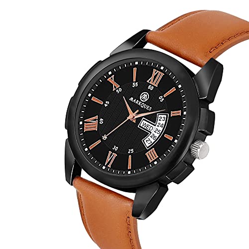 MARKQUES Invader Day & Date Analog Watches for Mens and Boys (Black & Tan Color Watch) (IND-770104) - Image 3