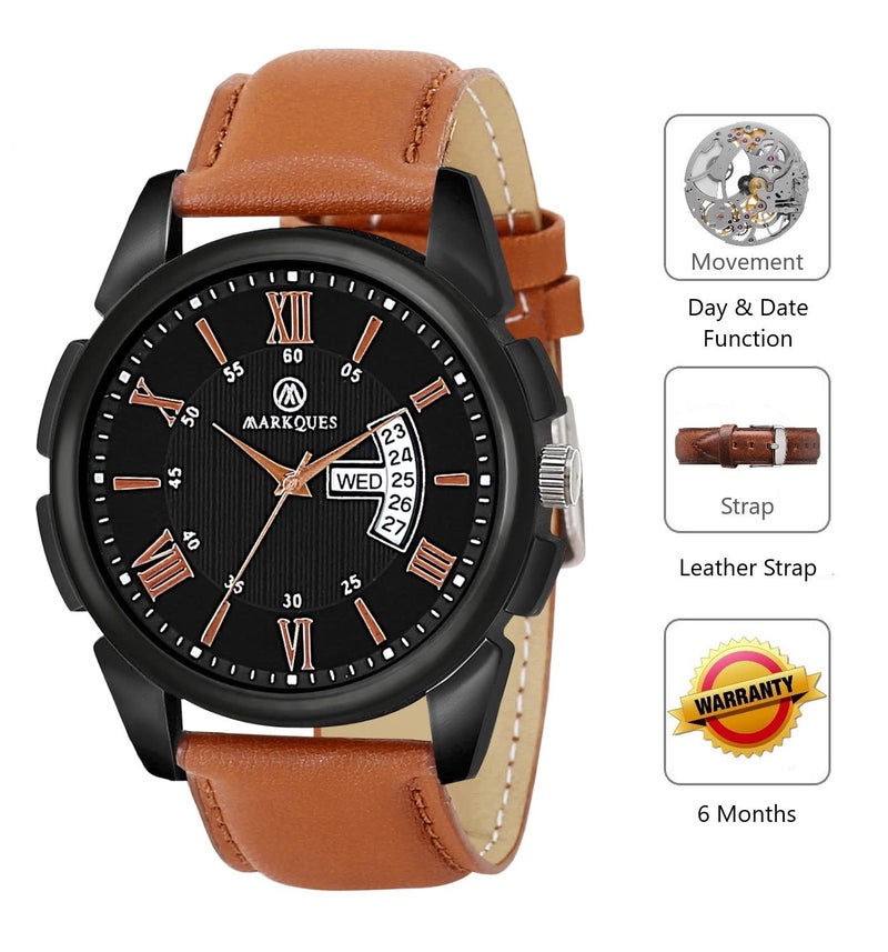 MARKQUES Invader Day & Date Analog Watches for Mens and Boys (Black & Tan Color Watch) (IND-770104) - Image 2