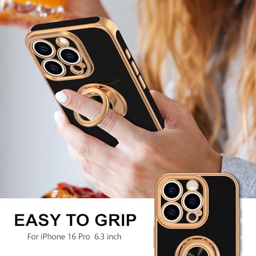 Hython for iPhone 16 Pro Case with Ring Stand, 360° Rotatable Ring Holder Magnetic Kickstand, Plating Rose Gold Edge Soft Cover Protective Phone Case for iPhone 16 Pro 6.3", Black - Image 2