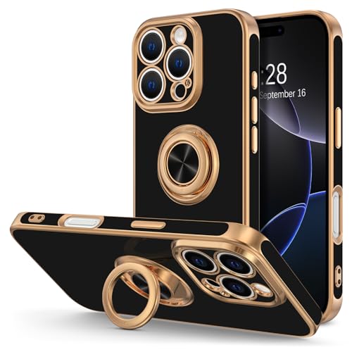 Hython for iPhone 16 Pro Case with Ring Stand, 360° Rotatable Ring Holder Magnetic Kickstand, Plating Rose Gold Edge Soft Cover Protective Phone Case for iPhone 16 Pro 6.3", Black - Image 1