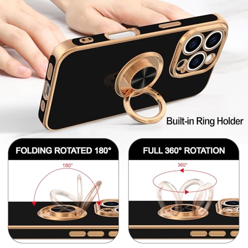 Hython for iPhone 16 Pro Case with Ring Stand, 360° Rotatable Ring Holder Magnetic Kickstand, Plating Rose Gold Edge Soft Cover Protective Phone Case for iPhone 16 Pro 6.3", Black - Image 4