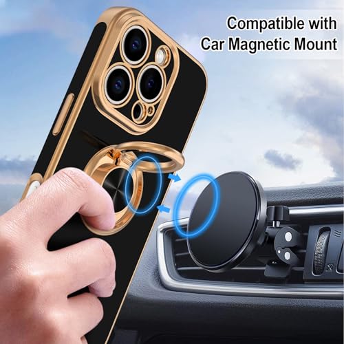 Hython for iPhone 16 Pro Case with Ring Stand, 360° Rotatable Ring Holder Magnetic Kickstand, Plating Rose Gold Edge Soft Cover Protective Phone Case for iPhone 16 Pro 6.3", Black - Image 5