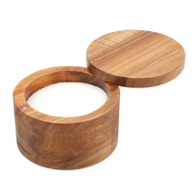 KITCHENDAO Acacia Wood Salt Cellar Bowl Box, Elegant Kitchen Holder Container with Swivel Magnetic Lid to Store Favorite Seasonings Pepper Spice or Bath, 6oz - Image 1