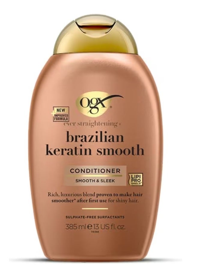 OGX Brazilian Keratin Conditioner, 385ml, Sulfate & Paraben Free Softening & Straightening, Nourishing Formula for Frizz-Free & Shiny Hair