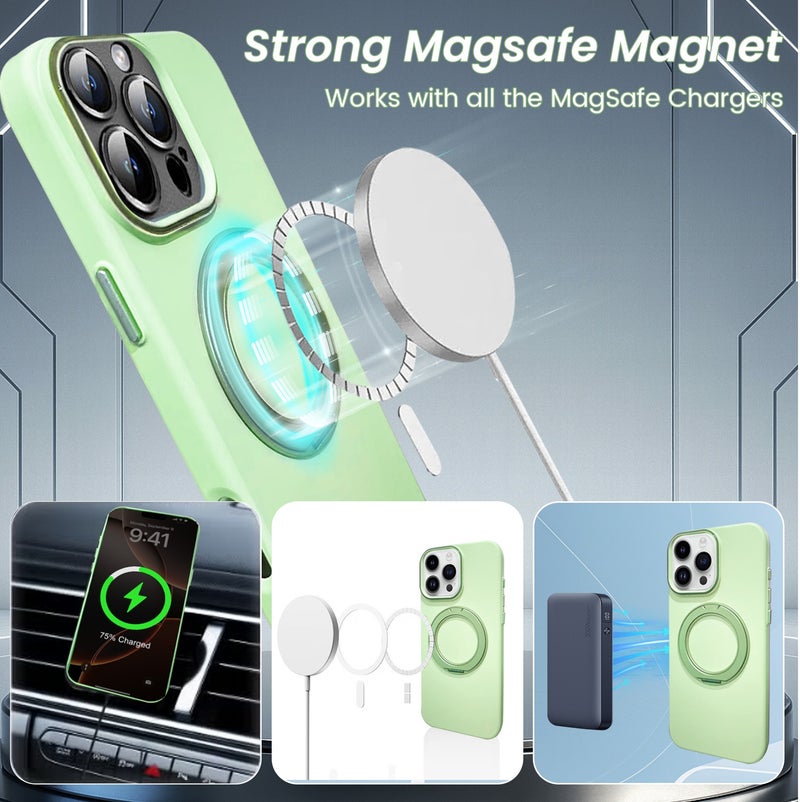 غلاف متوافق مع MagSafe لهاتف آيفون 16 برو ماكس، غلاف هاتف مغناطيسي بستاند دوار مضاد للخدش والصدمات - لون أخضر - Image 2
