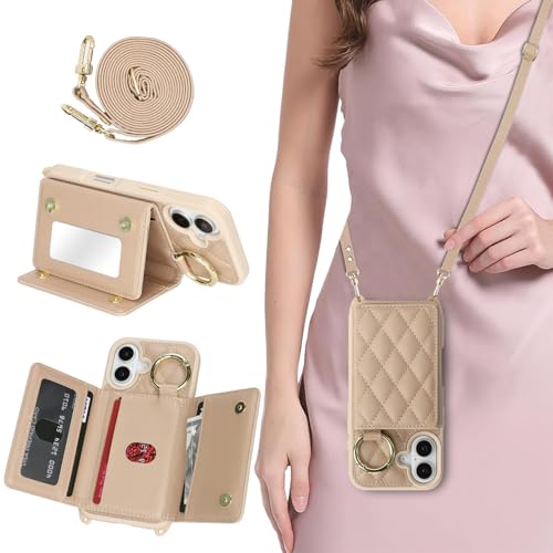 DEYHU for iPhone 16 Case with Card Holder and Strap for WomenCrossbody Lanyard Make Up MirrorRing StandSnap ClaspCute Phone Wallet Cases 61 inch OffWhite - Image 1