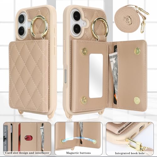 DEYHU for iPhone 16 Case with Card Holder and Strap for WomenCrossbody Lanyard Make Up MirrorRing StandSnap ClaspCute Phone Wallet Cases 61 inch OffWhite - Image 3