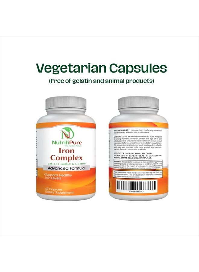NutritiPure Iron Complex, Complete Blood Building Iron Vegetarian Capsules with Non-constipating Carbonyl Iron, Quatrefolic, B12, B6 & Vitamin C, for Women & Men (60 caps) - Image 5