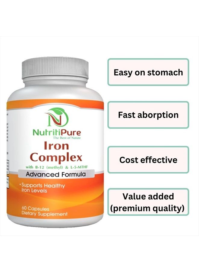 NutritiPure Iron Complex, Complete Blood Building Iron Vegetarian Capsules with Non-constipating Carbonyl Iron, Quatrefolic, B12, B6 & Vitamin C, for Women & Men (60 caps) - Image 3