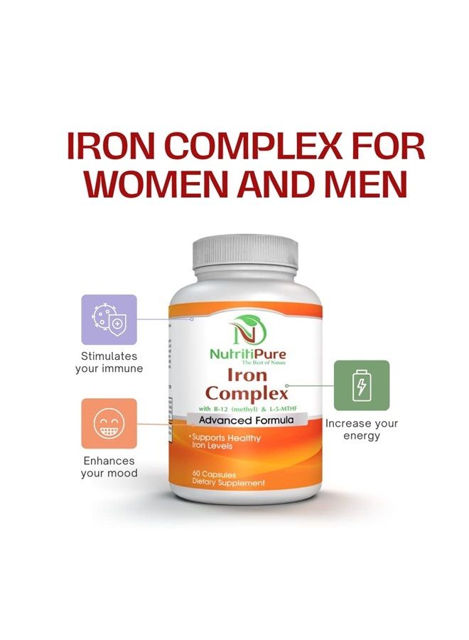 NutritiPure Iron Complex, Complete Blood Building Iron Vegetarian Capsules with Non-constipating Carbonyl Iron, Quatrefolic, B12, B6 & Vitamin C, for Women & Men (60 caps) - Image 2