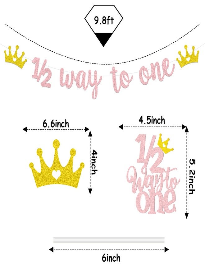 Auch Princess 1/2 Half Birthday Decorations Half Way to One Banner and Cake Topper Set Birthday Party Decor Pink Glitter Pink Party Supplies - Image 2
